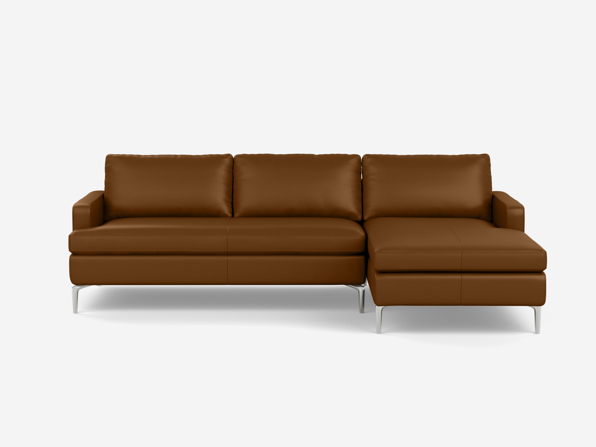 Front view of the Eve Grand modular sofa in brown leather with right hand chaise